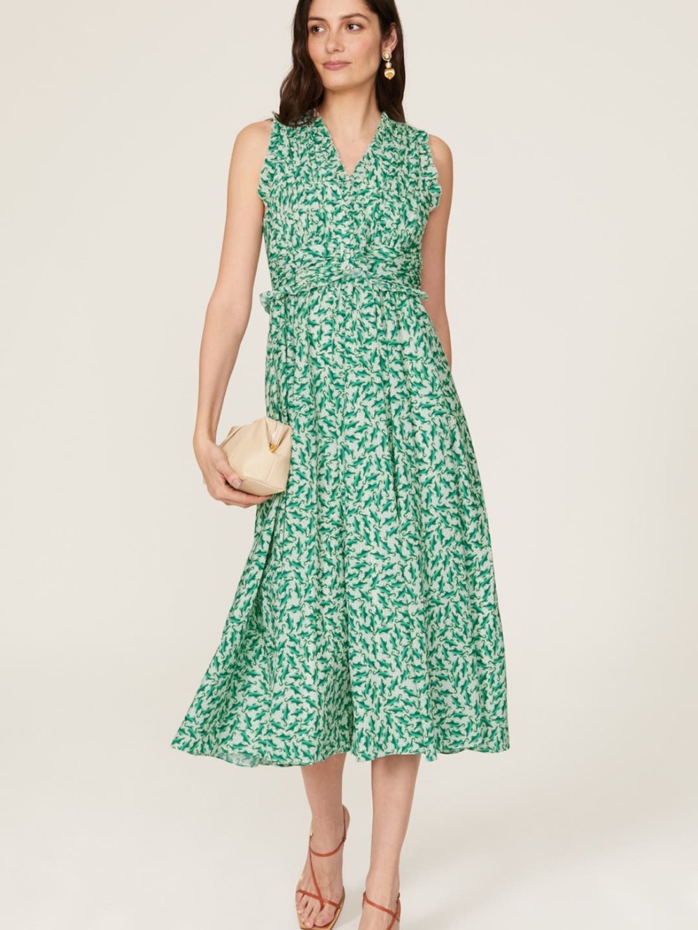 Badgley Mischka Green Printed Sleeveless Midi Dress